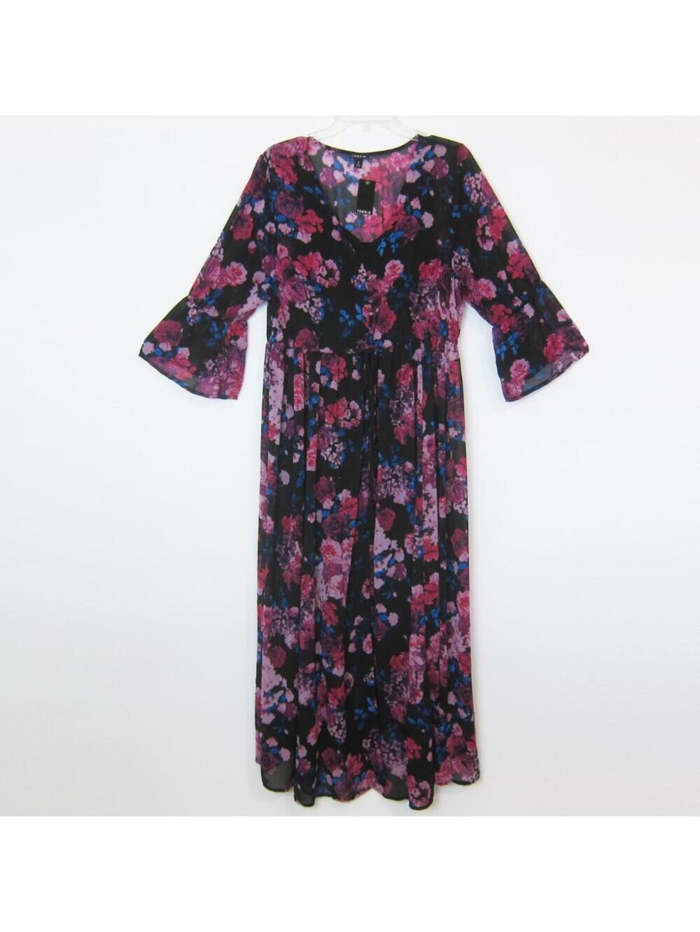 Torrid Maxi Dress 0 Large 12 Pink Purple Blue Floral Chiffon & Black Slip NEW - Picture 5 of 15